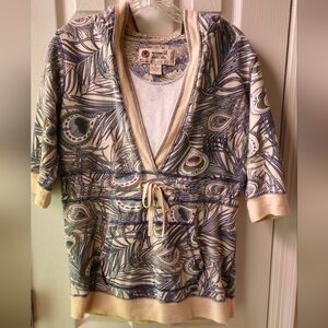 ONE WORLD Multicolor Peacock Print Hooded Drawstring Sweatshirt - Size Small